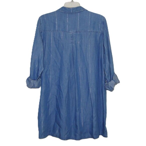 Side Stitch Chambray Button Front Tunic Roll-Tab Sleeve Women's M Silver Stripe - Picture 4 of 12
